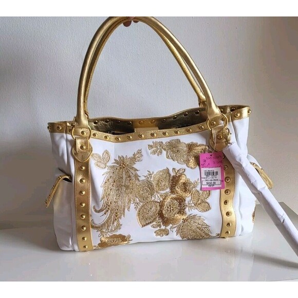 Beverly Feldman Gold Embroidered Double Handles Tassel Exotic White Leather Bag - Picture 1 of 12